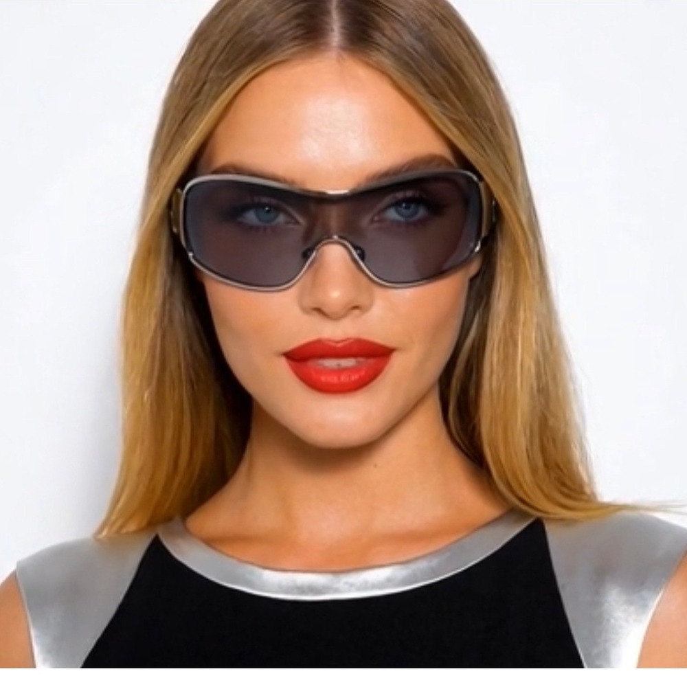 Silver Shield Sunglasses Black Wrap Around UV400 Women Futuristic,‎ Gorpcore New